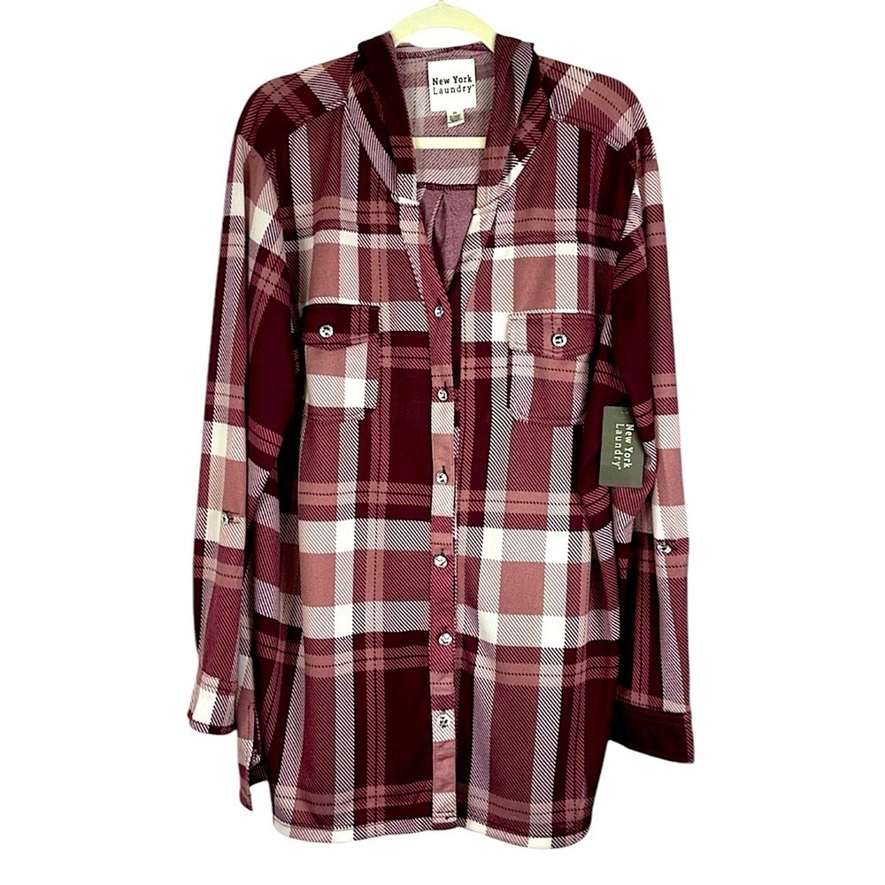 NWT New York Laundry hooded button down plaid pattern jewel buttons  Sz 3X Berry